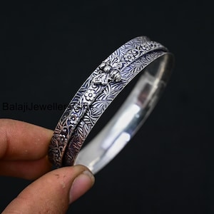 Valentine&#39;s Gift, 925 Sterling Silver Bangle, Bee Honey Spinner Silver Bangles, Handmade Gift, Flower Bangle, Stacking Bracelet, Women Gift