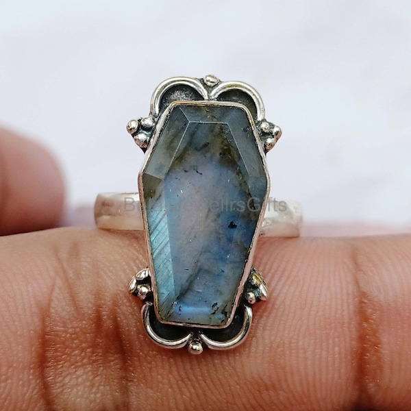Coffin Ring, Labradorite Gemstone Ring, 925 Sterling Silver Handmade Ring, Anxiety Ring, Statement Ring, Women Gift For Ring, Boho Ring