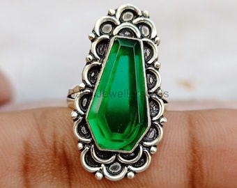 Green Emerald Ring, Coffin Ring, 925 Sterling Silver Ring, Statement Ring, Handmade Rings For Women, Anniversary Prefect Gift Her Ring  B139