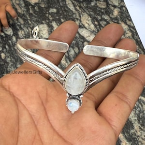 Bracciale rigido in pietra di luna fatto a mano: bracciale regolabile in argento sterling 925