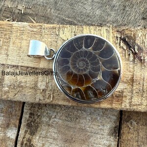 May include: A silver pendant featuring a fossilized ammonite with a brown and gold swirl pattern.