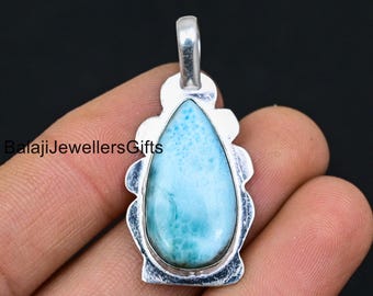Handmade Pear Larimar Pendant: Boho 925 Sterling Silver Jewelry