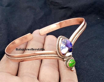 Adjustable Bangle, Solid Copper Bangle, Purple Dahlia & Green Copper Turquoise Gemstone, Pear Shape Bangle Handmade WomanJewellery Love Gift
