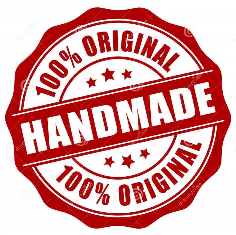 May include: Red and white circular stamp with the text "100% ORIGINAL HANDMADE 100% ORIGINAL" and three white stars on each side of the word "HANDMADE".