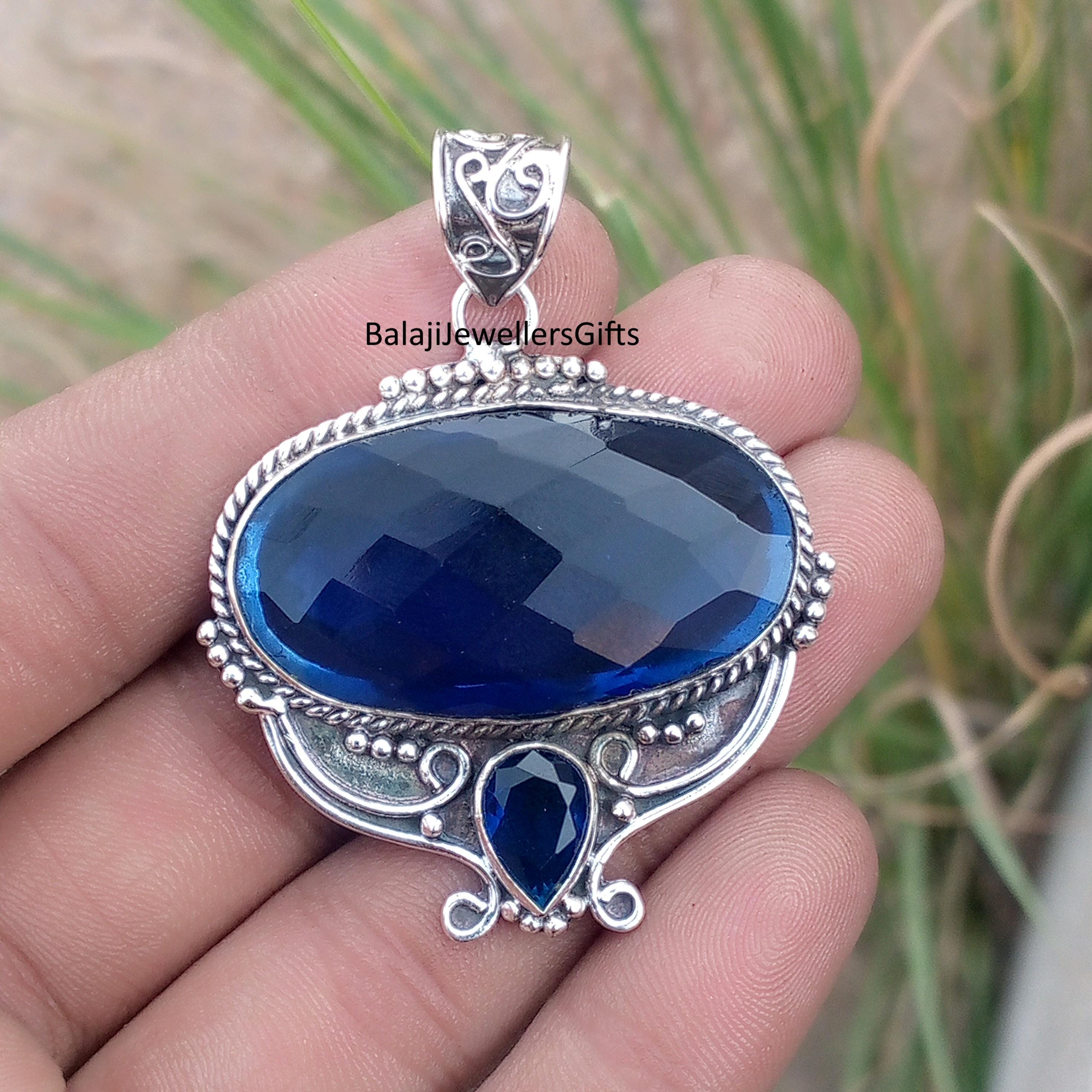 Pendentif En Argent 925 Avec Saphir Naturel Et Diamants - Style Victorien, Cadeau