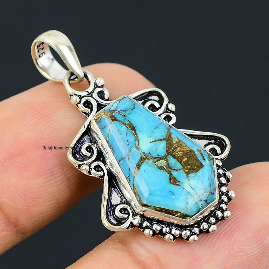 棺型ブルー銅ターコイズペンダント、925スターリングシルバー
