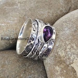 Amethyst Gemstone 925 Sterling Silver Spinner Ring - Handmade