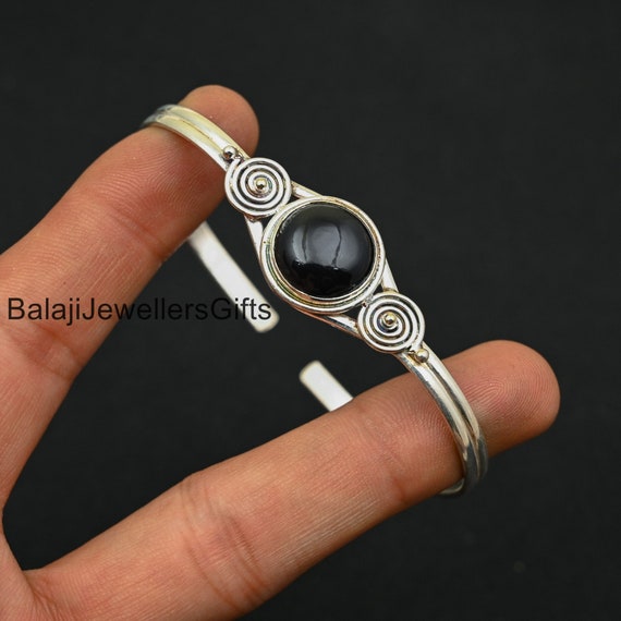 Handcrafted Black Onyx Bangle: Adjustable 925 Sterling Silver - Etsy