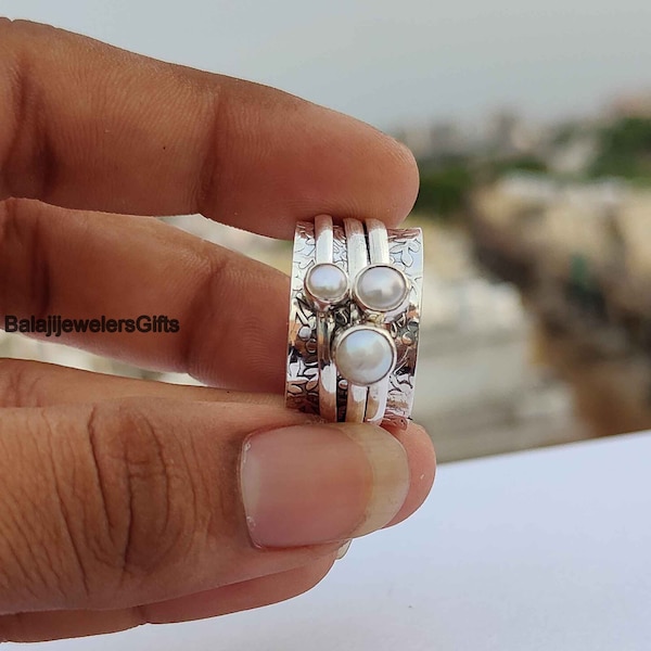 Three Pearl Gemstone Ring, 925 Sterling Silver Ring, Meditation Ring, Spinner Ring, Anxiety Ring, Fidget Ring, Popular Ring, Boho Ring,B1594