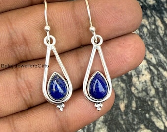 Pendientes de lapislázuli: Pendientes colgantes de plata de ley 925 hechos a mano con forma de pera.