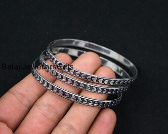 Set of 3 Bangles, 925 Sterling Silver Bangle, Heart Silver Bangle