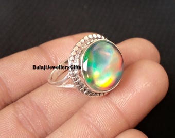 Boho-vrouwensieraden, ronde aurora-opaal edelsteen, 925 sterlingzilver, handgemaakte statement ring, verjaardagscadeau, moderne ring, cadeau voor zus,