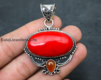 Red Coral Carnelian Pendant: Vintage Boho 925 Sterling Silver Jewelry