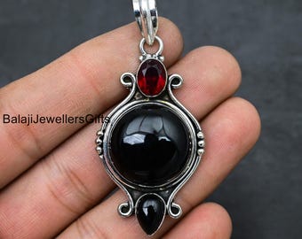 Black Onyx Garnet Sterling Silver Pendant: Handmade Boho Jewelry