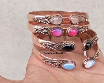 Massiver Kupfer Armreif: Opal, Onyx oder Rosenquarz Edelstein - Einstellbar