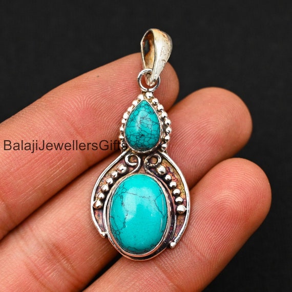 Collana con ciondolo Boho in argento sterling 925, turchese e rame, realizzata a mano in filigrana, con catena da 20. - Italia