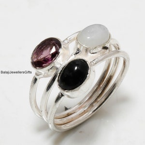 Rainbow Moonstone, Amethyst, black Onyx Gemstone Ring, Handmade Ring, 925 Sterling Silver Rings For Women, Statement Ring, Beautiful Ring