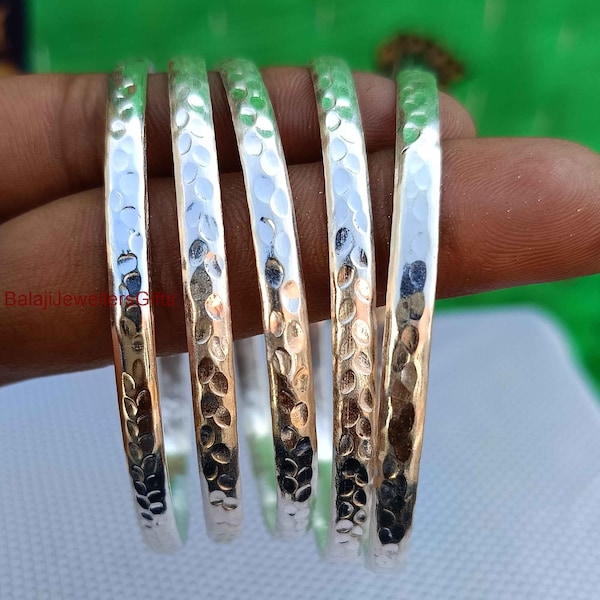 5 Set Sterling Silver Hammered Bangles, Thick Boho Bracelet