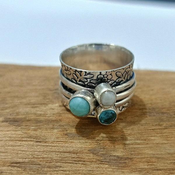 Rainbow Moonstone ,Larimar, Blue Topaz, Gemstone Ring, 925 Sterling Silver Ring, Meditation Ring, Spinner Ring, Anxiety Fidget Ring, B1613