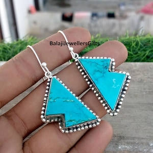 Triangular Blue Turquoise Earrings, 925 Sterling Silver, Dangle Drop Earring, Handmade Jewellery, Woman Gift, Gift For Sister Chic Earring