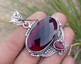 Red Garnet Gemstone Pendant, 925 Sterling Silver, Handmade Woman Pendant, Oval, Pear  Shape Pendant, Valentine Day Gift,Large Stone pendant