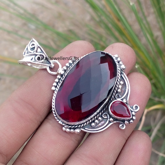 Red Garnet Gemstone Pendant, 925 Sterling Silver, Handmade Woman Pendant, Oval, Pear  Shape Pendant, Valentine Day Gift,Large Stone pendant