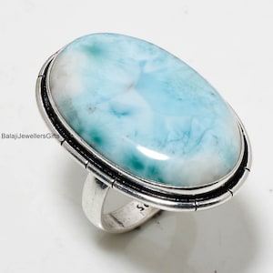 Blue Larimar Gemstone Ring, 925 Sterling Silver, Handmade -Statement Ring, Oval Shape Ring, large Stone Ring Unisex Ring, Birthday Gift Ring