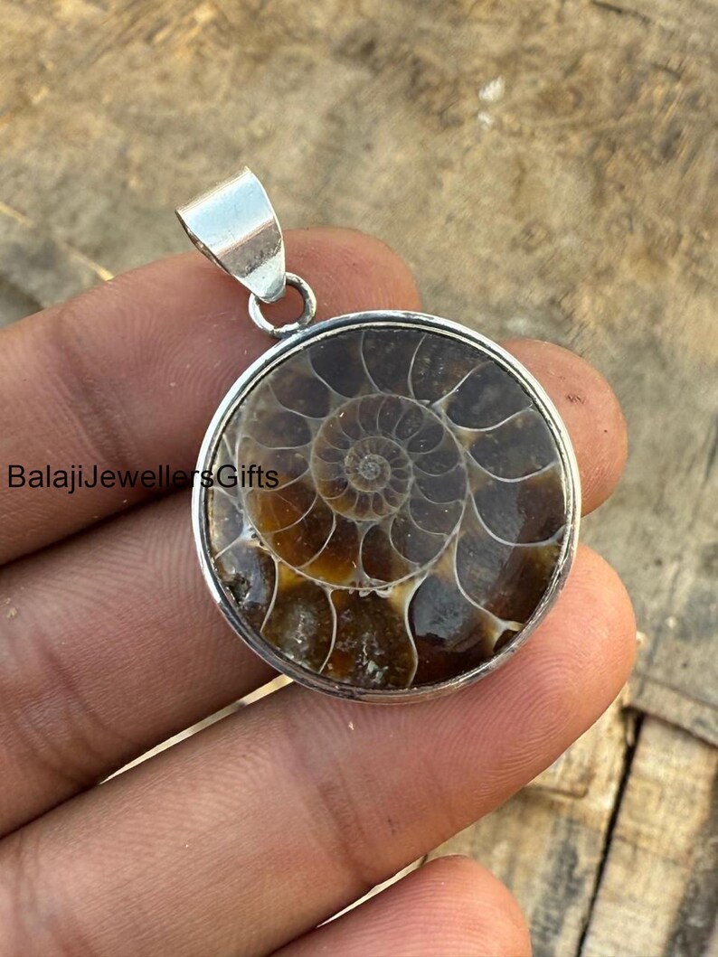 May include: A silver pendant featuring a fossilized ammonite with a spiral pattern in shades of brown and beige.