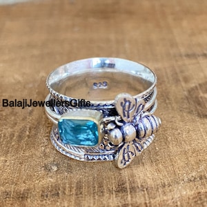 Blue Topaz Gemstone Ring, Bee Honey Ring, 925 Sterling Silver Ring, Spinner Ring, Meditation Ring, Boho Anxiety Ring, Gift For Ring,  B1321