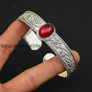 Flower Bangle, Garnet Gemstone Bangle, 925 Sterling Silver Bangle, Cuff Bangle, Adjustable Filigree Bangle, Gift For Her Bangle, Boho Bangle