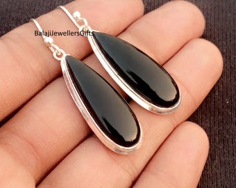 Schwarzer Onyx-Edelstein, 925 Sterlingsilber, handgemachter Frauenschmuck, Birnenformohrring, baumelnder Ohrring, Boho Ohrringe, Geburtstagsgeschenk,