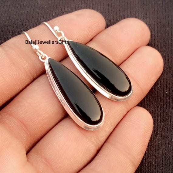 Black Onyx Gemstone, 925 Sterling Silver, Handmade Woman Jewellery, Pear Shape Earring, Dangle Earring, Bohemian Earrings, Birthday Gift,