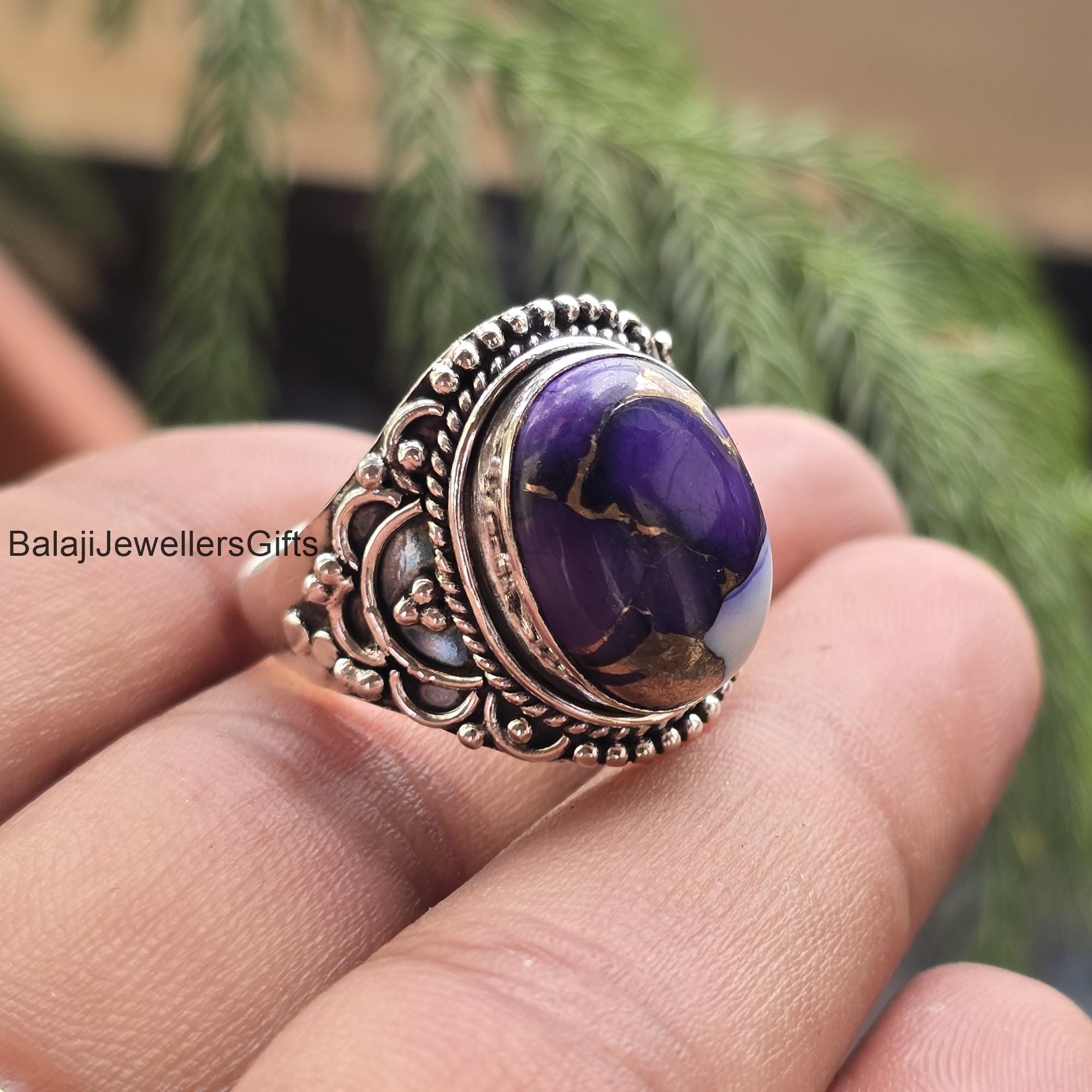 Purple Dahlia Turquoise Ring, 925 Sterling Silver, Handmade Woman