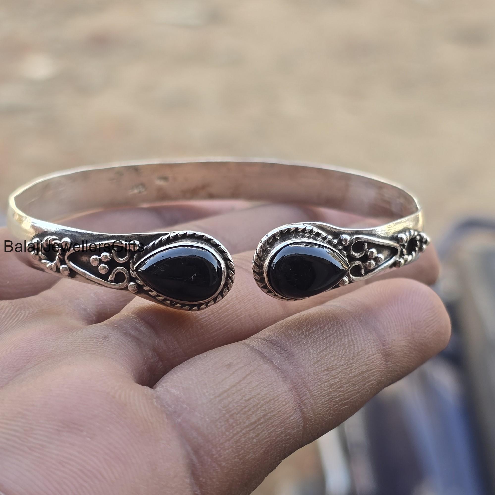 Handmade Black Onyx 925 Sterling Silver Bangle - Adjustable Boho 