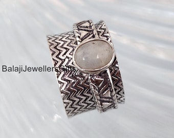 Bague pierre de lune arc-en-ciel, anneau design, bague anti-anxiété, bague bohème, bague faite main, bague de méditation, bague femme, bague cadeau d'anniversaire