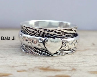 Anello girevole a forma di cuore: fascia da meditazione realizzata a mano in argento sterling 925.