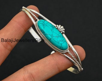ターコイズストーンバングル：925スターリングシルバー製調節可能な