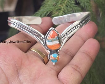 Handmade Pear Oyster Turquoise Bangle: Adjustable Sterling Silver Cuff