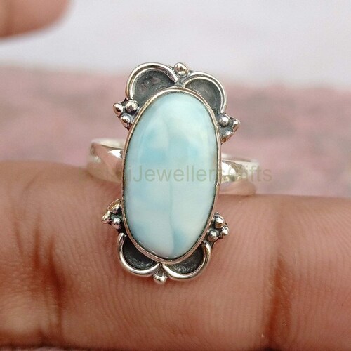 Bague en larimar naturel avec pierres précieuses, argent sterling 925, bague pour femme, bague tendance, bague faite main, bague de forme ovale, bague de créateur belle bague