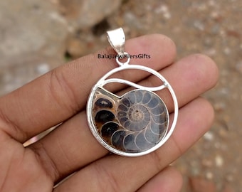 Natural Ammonite Fossil Pendant, D Shaped Pendant, Handmade Jewellery, 925 Sterling Silver Pendant, Birthday Gift, Designer Pendant,