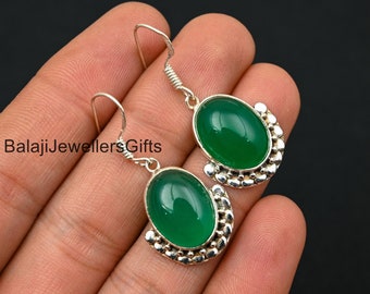 Handmade Green Onyx Gemstone Earring, 925 Sterling Silver, Oval Shape Earring, Stylish Earring, Unisex Earring, Beautiful Earring, Love Gift