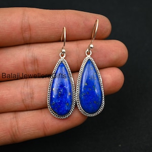 Handgjorda örhängen i päronlapis lazuli: Boho-smycken i 925 sterlingsilver