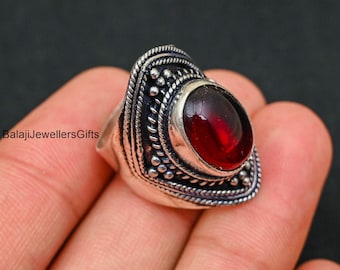 Oval Garnet Ring: Boho Sterling Silver Band, Handmade