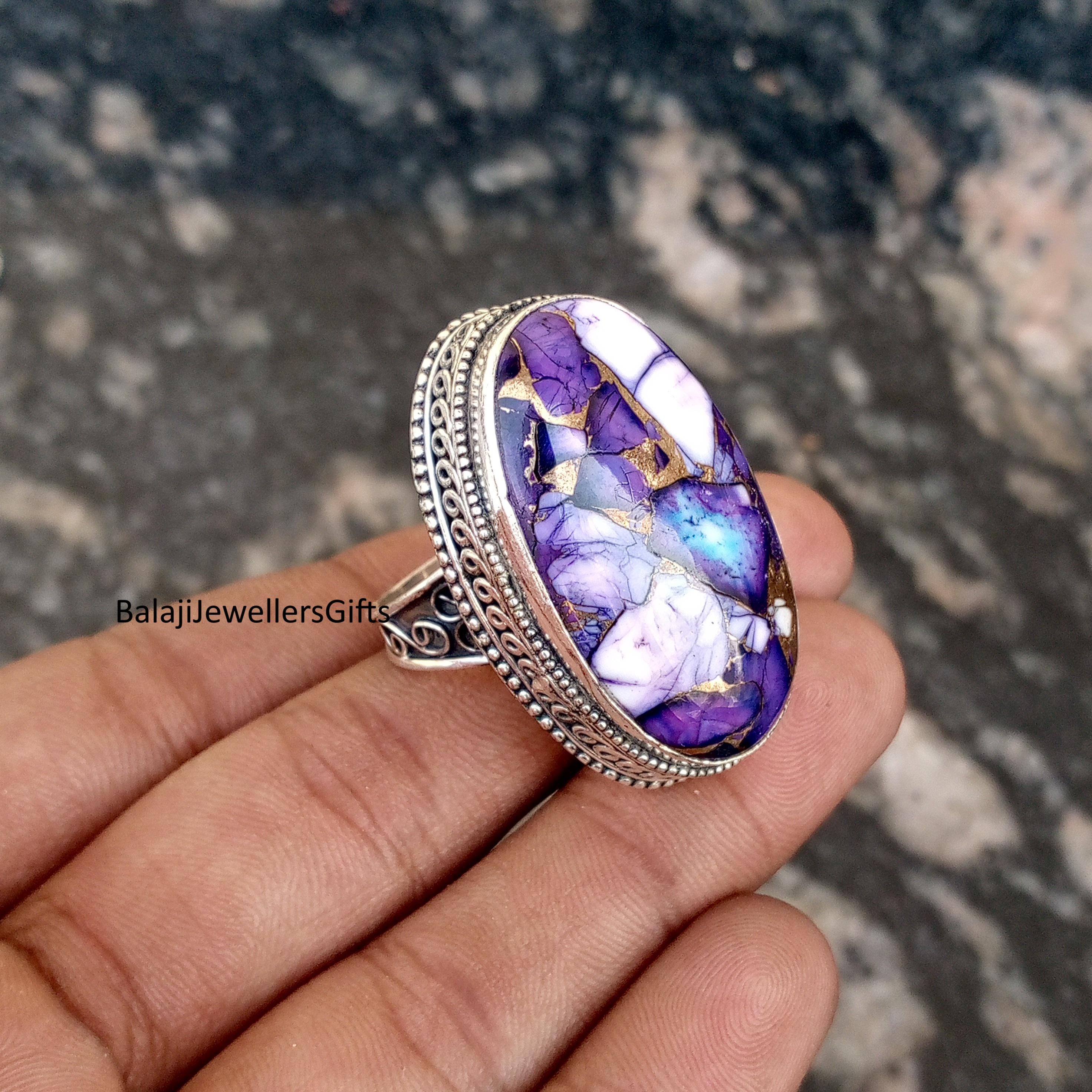 Large Purple Dahlia Turquoise Gemstone, 925 Sterling Silver, Oval