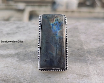 Simple Labradorite Ring, 925 Sterling Silver, Rectangle Shape, Blue Color Stone, Handmade Ring, Long Stone Three Band Ring, Engagement Ring