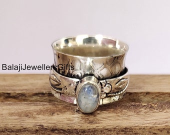 Bague femme, bague pierre de lune arc-en-ciel, argent sterling 925, bague anxiété, bague toupie faite main, bague d'anniversaire, bague de méditation, bague anti-inquiétude