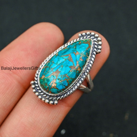 boho cyan penisring Blue Turquoise Sterling Silver Ring – Handmade Boho Statement Jewelry