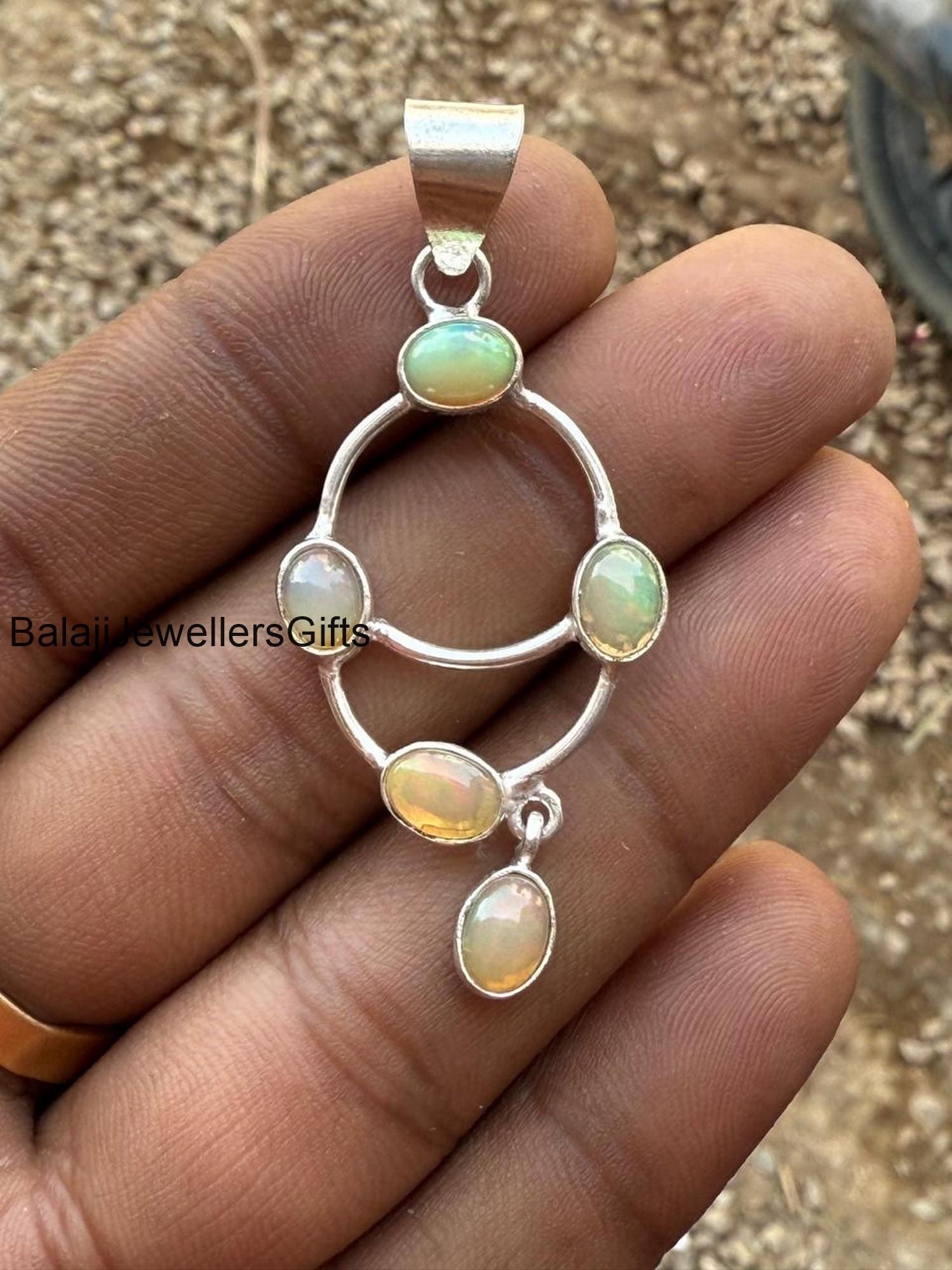 Ethiopian Opal Pendant, 925 Sterling Silver, Five Opal Stone Pendant, Pretty Wear Necklace, Beautiful Pendant, Handmade Statement Pendant,