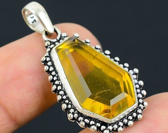 Citrine Gemstone Pendant, 925 Sterling Silver, Handmade Woman Jewellery, Coffin Shape Pendant, Stylish pendant, Boho Pendant, Birthday Gift,