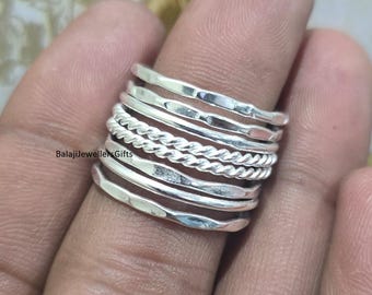 Set van 8 sterlingzilver, puur 925 sterlingzilveren ringen, handgemaakte ringen, gehamerde ringen, statementring, damesring, verlovingsring